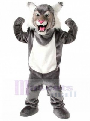 Energetic Grey and White Wild Cat Mascot Costume Animal