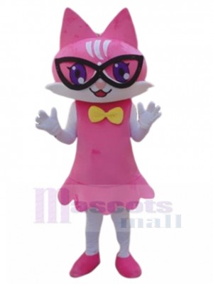 Pink Girl Cat Mascot Costume with Black Glass Animal