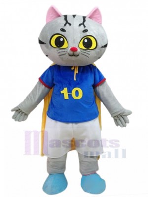 Grey Tabby Cat Mascot Costume with Yellow Cape Animal