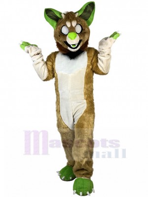 White Eyes Brown Wolf Dog Mascot Costume with Green Ears Fursuit