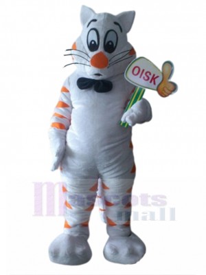 White and Orange Cat Mascot Costume with Black Bow Tie Animal