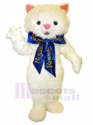 Hairy White Cat Mascot Costume with Blue Ribbon Animal