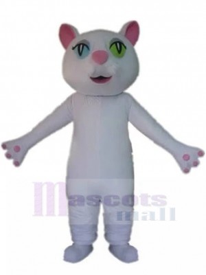 White Cat Mascot Costume with Heterochromatic Pupils Animal