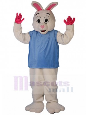 White Rabbit Mascot Costume in Blue Shirt Animal