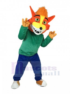 Grim Orange Fox Mascot Costume in Green Shirt Animal