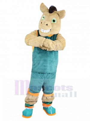 Grinning Khaki Horse Mascot Costume in Jersey Animal