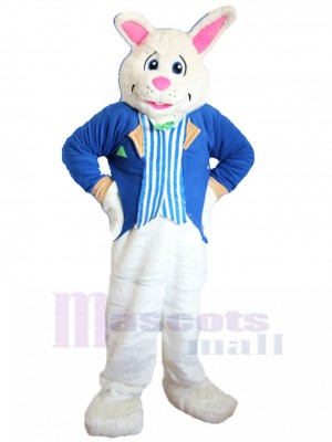White Easter Bunny Mascot Costume in Blue Formal Suit Animal