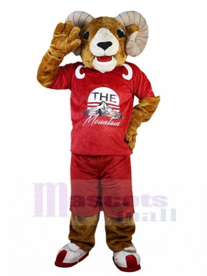 Brown Sport Argali Mascot Costume in Red Jersey Animal
