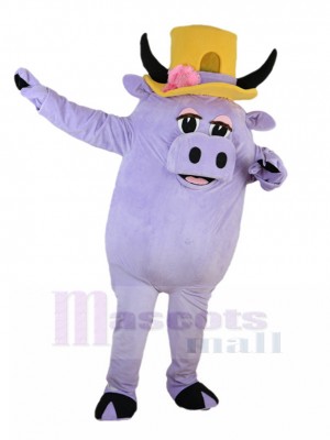 Purple Pig Mascot Costume with Yellow Horn Hat Cartoon