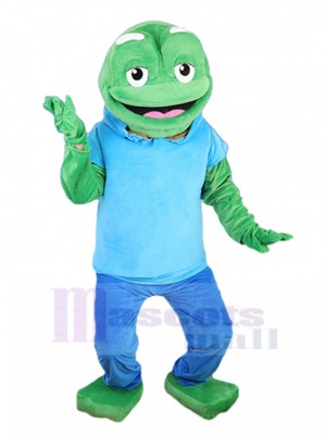 Amiable Green Frog Mascot Costume with Blue Hoodie Animal