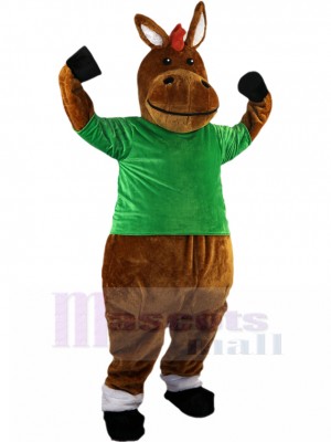 Brown Donkey Mascot Costume with Green Shirt Animal