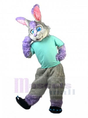 Grey Rabbit Easter Bunny Mascot Costume with Blue T-shirt Animal