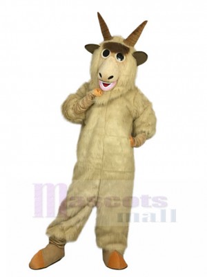Confident Beige Goat Mascot Costume with Long Fur Animal
