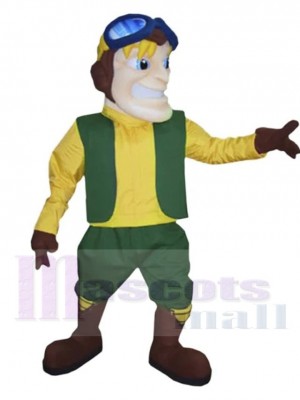 Yellow and Green Aviator Man Mascot Costume People