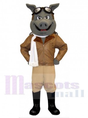 Gray Aviator Pig Mascot Costume Animal