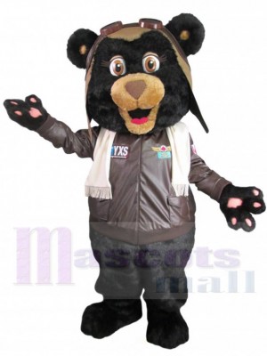 Black Pilot Bear in Brown Jacket Mascot Costume Animal	