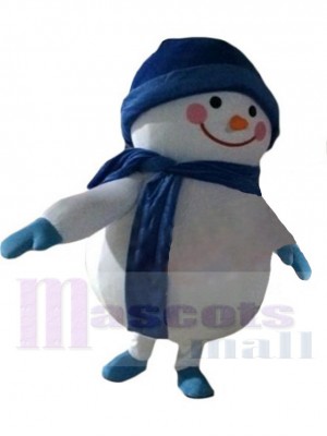 Snowman Mascot Costume Cartoon with Blue Hat and Scarf