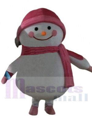 Snowman Mascot Costume Cartoon with Pink Hat and Scarf