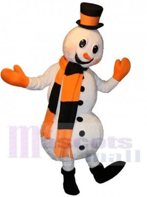 Snowman Mascot Costume Cartoon with Orange and Black Scarf