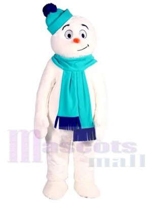 Snowman Mascot Costume Cartoon with Light Blue Hat and Scarf