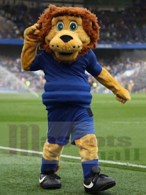 Yellow Lion Mascot Costume Animal in Blue Jersey