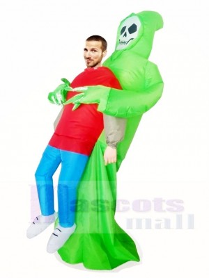 Green Demon Skull Carry me Skeleton Inflatable Halloween Xmas Costumes for Adults