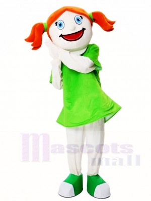 Smiling Face Girl in Green Dress Mascot Costumes 