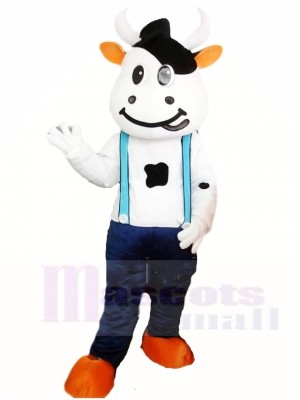 Cow Mascot Costumes with Blue Overalls Animal 