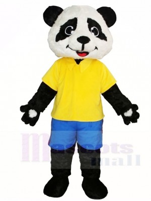 Cute Yellow Shirt Blue Pants Panda Mascot Costumes Animal 