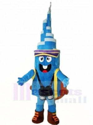 Blue Tower with Hat and Backpack Mascot Costumes 