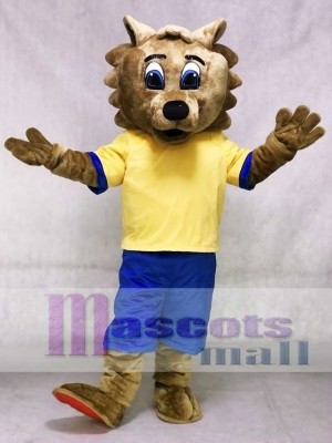 Bob Cat Mascot Costume with Yellow Shirt and Blue Shorts