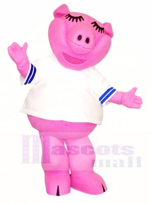 Cute Pink Pig in White Shirt Mascot Costumes Farm Animal