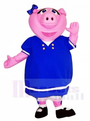 Cute Pink Pig in Blue Dress Mascot Costumes Farm Animal
