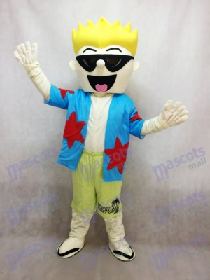 Cool Sunglasses Boy Mascot Costume in Blue Shirt