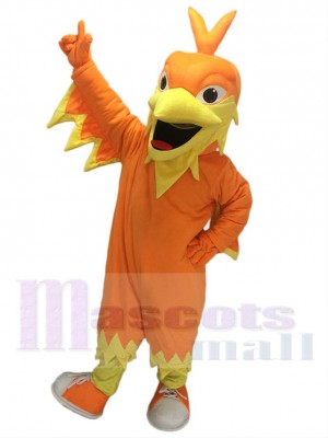 Orange Phoenix Mascot with Pointy head, Wings, Tail and Tennis Shoes