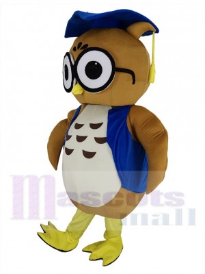 Brown Doctor Scholar Owl in Blue Vest Mascot Costume