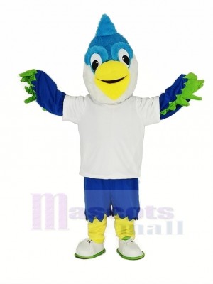 Royal Blue Head Bird with White T-shirt Mascot Costume Animal