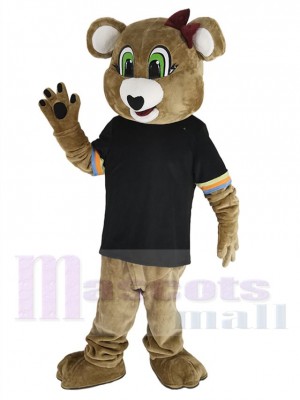 Brown Female Bear Mascot Costume Animal in Black T-shirt