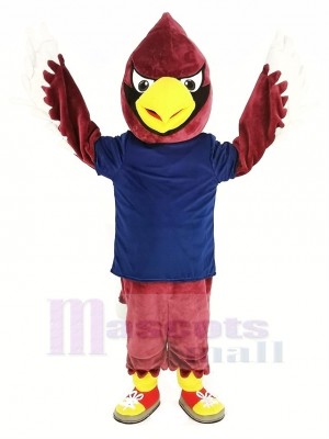 Red Cardinal Bird in Dark Blue Shirt Mascot Costume