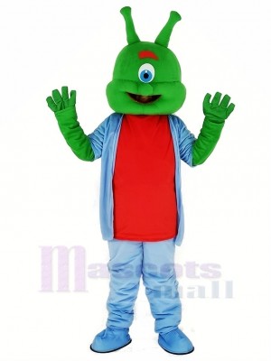 Green Alien with Blue Coat Mascot Costume Cartoon	