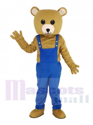 Brown Teddy Bear in Blue Overalls Mascot Costume Animal