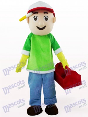 Green And Blue Vendor Boy Cartoon Mascot Costume