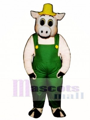 Cute Otis Oinker Pig Hog with Straw Hat & Overalls Mascot Costume