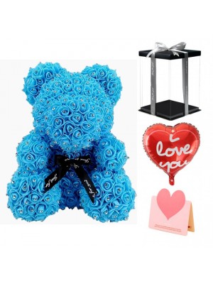Diamond Light Blue Rose Teddy Bear Flower Bear Best Gift for Mother's Day, Valentine's Day, Anniversary, Weddings and Birthday