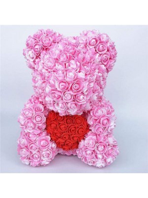 Newstyle Pink Rose Teddy Bear Flower Bear with Red Heart Best Gift for Mother's Day, Valentine's Day, Anniversary, Weddings and Birthday