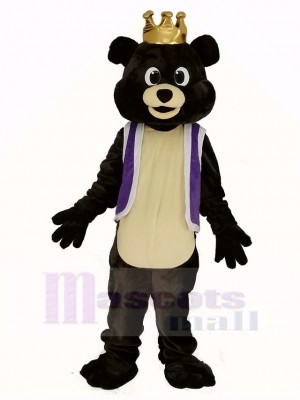 Dark Brown King Bear in Purple Waistcoat Mascot Costume Animal