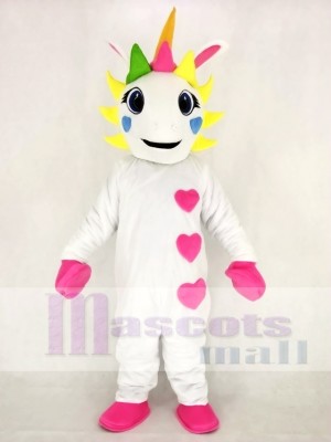 Realistic White Unicorn with Hearts and Colorful Horn Mascot Costume Cartoon