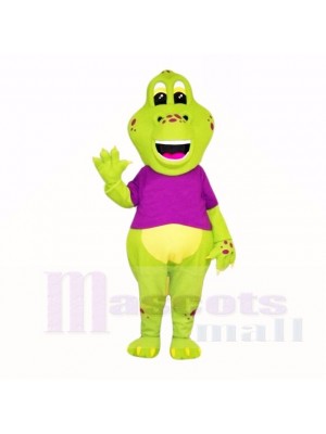 Green Dinosaur with Purple Shirt Mascot Costumes Cartoon