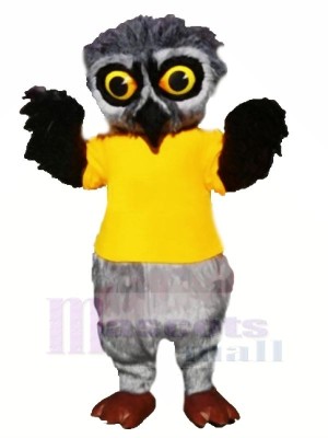 Grey Furry Owl with Yellow T-shirt Mascot Costumes
