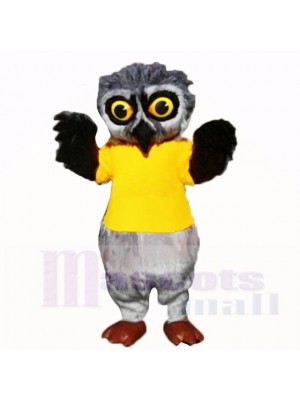 Grey Furry Owl with Yellow Shirt Mascot Costumes School